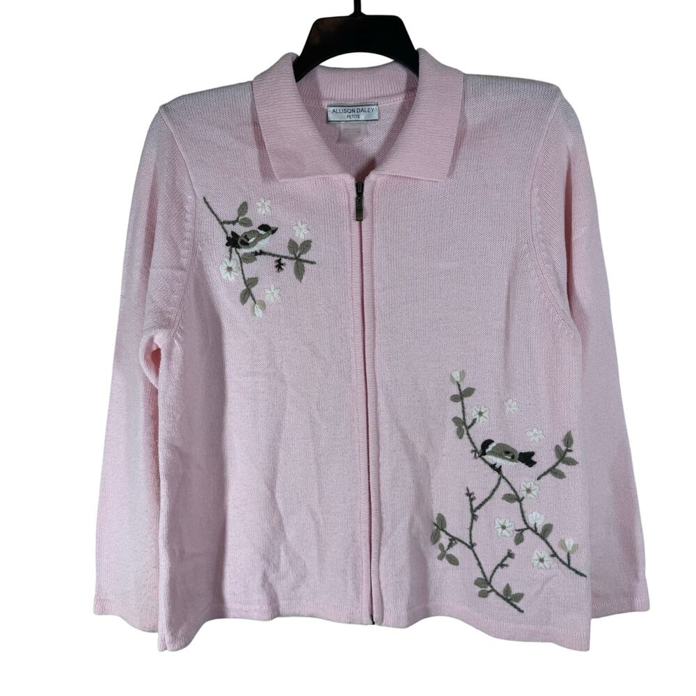 Allison Daley‎ 3-D Knit Floral Bird Full Zip Sweater Women's Large Petite Granny
